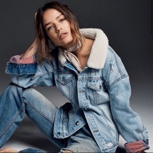 Free People Faux Fur Trimmed Denim Jacket